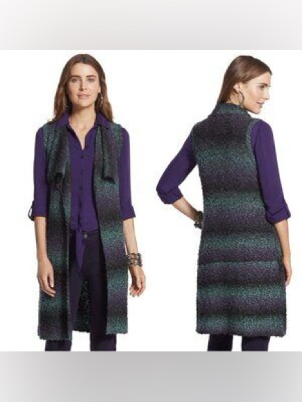 Chico's Washed Stripe Rowan Vest Sweater Green Purple long sleeveless open-front